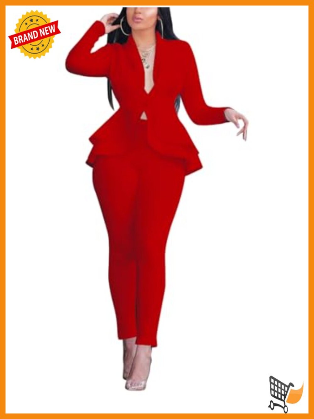 Women's Ruffle Deep V Neck Blazer Two Piece Pants Set Long Sleeve Bodycon